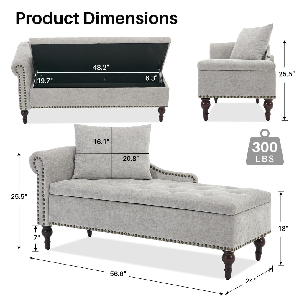 Velvet Chaise Lounge with Storage & Left Armrest, Gray