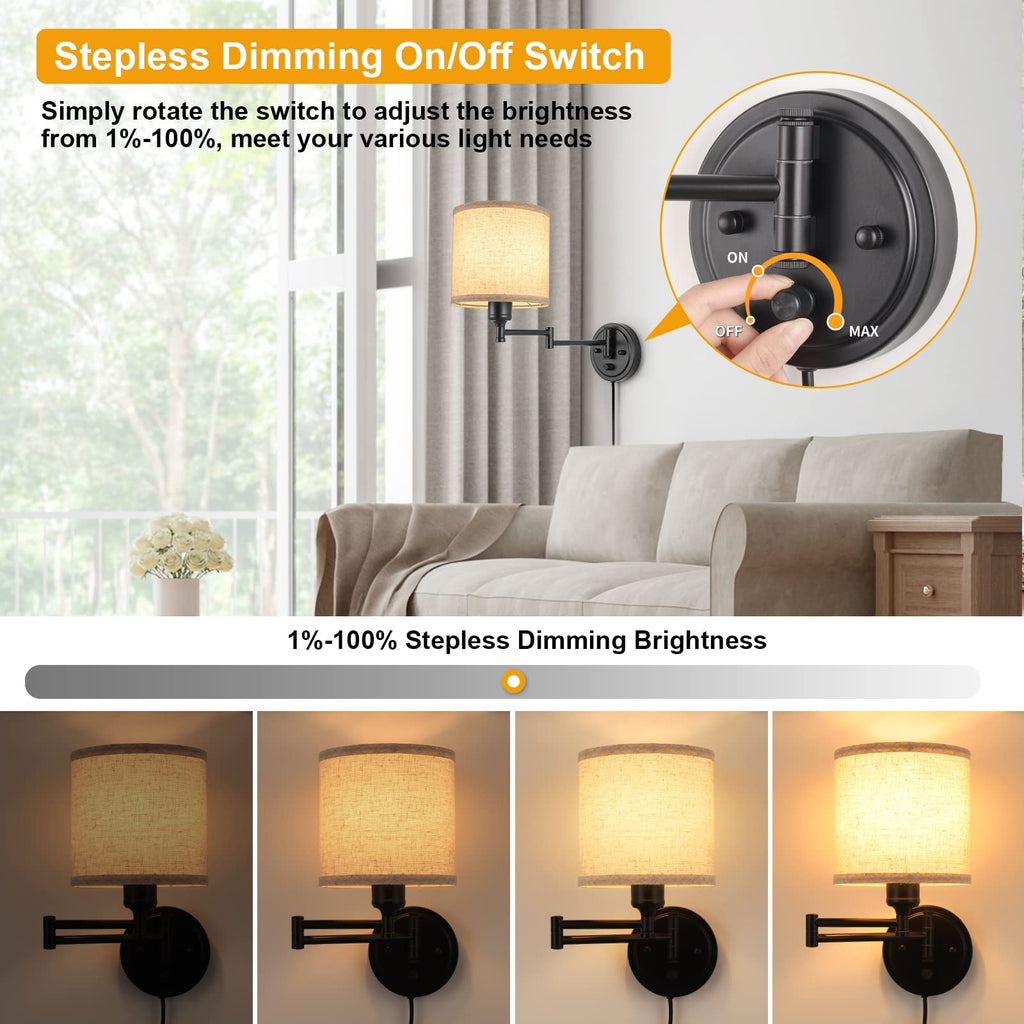 Dimmable Plug in Wall Sconces, Swing Arm Wall Lamp, Wall Sconces Set of Two, Plug in Wall Light, Sconces Wall Decor