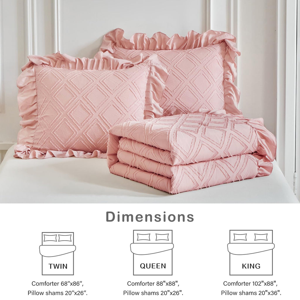 Tufted Ruffle Comforter Set Full/Queen Size, 3 Piece Blush Pink Ruffled Farmhouse Comforters, Luxury Solid Color Soft