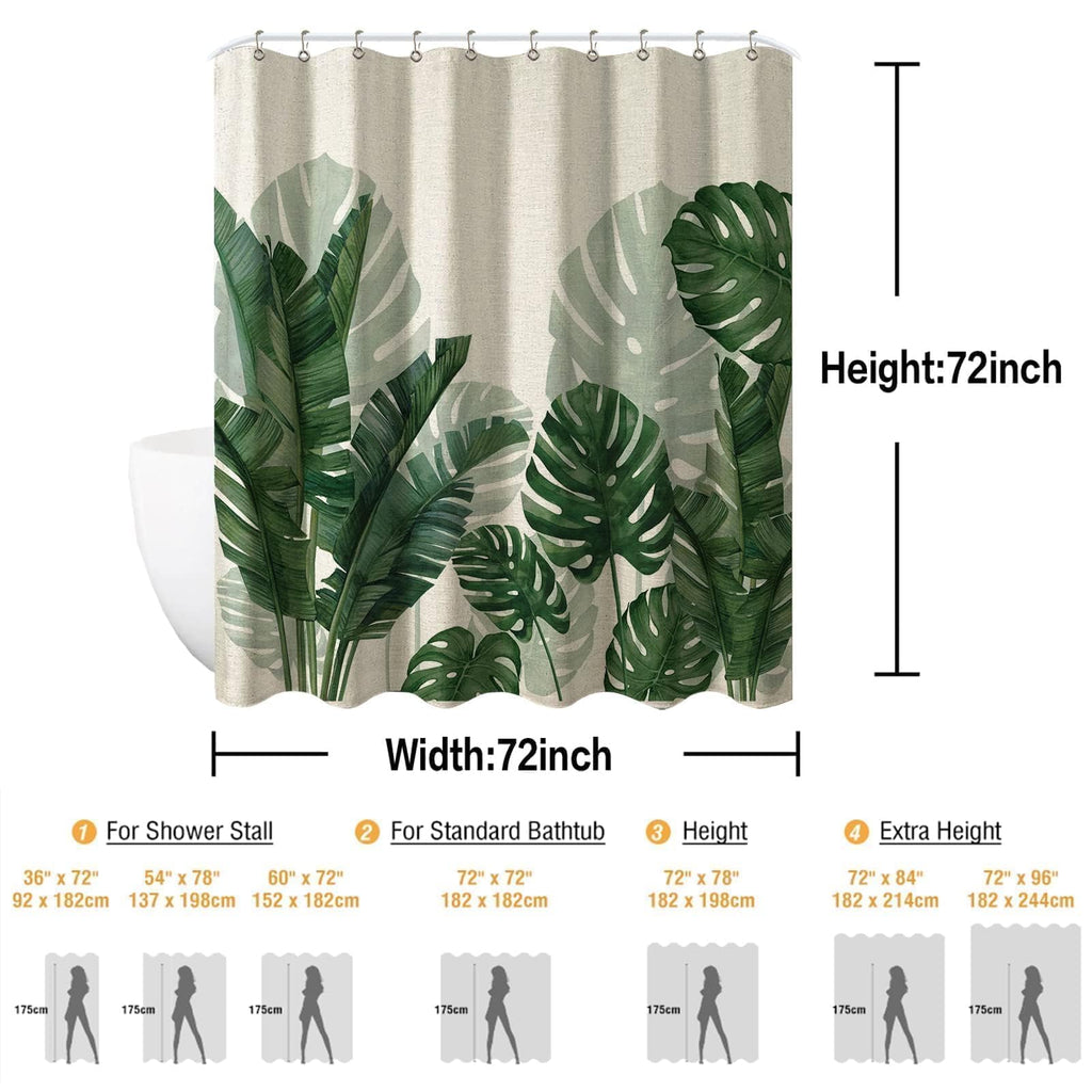 Linen Tropical Green Leaf Shower Curtains Botanical Banana Monstera Leaf Palm Tree Water Repellent Heavy Duty Fabric