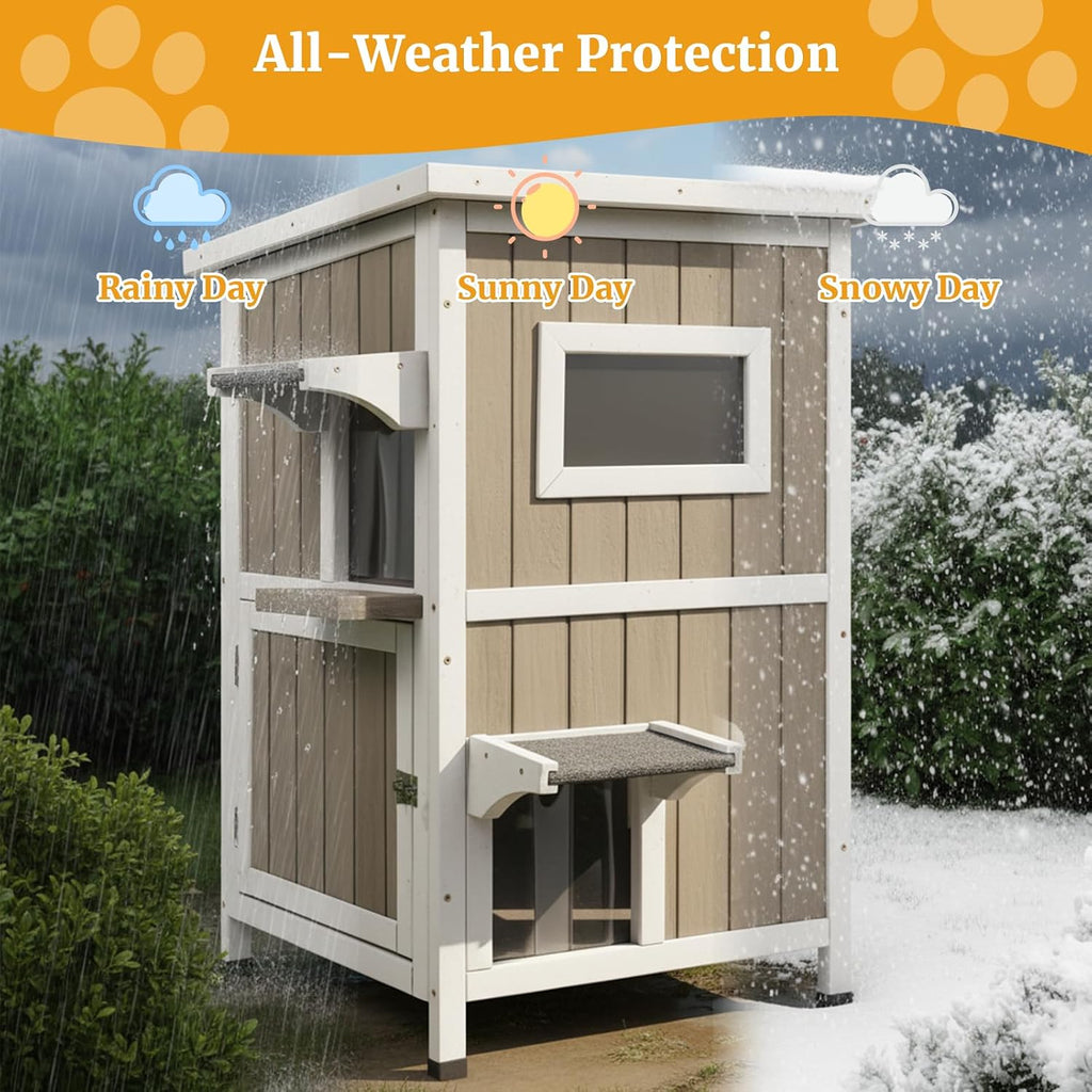 2-Story Outdoor Cat House, Weatherproof Wooden Feral Cat Shelter with Openable Roof, PVC Curtains, Transparent