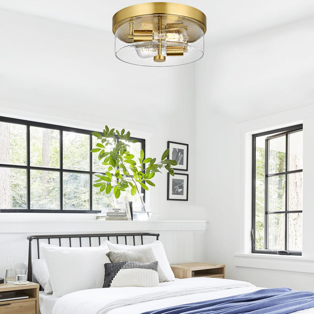 Flush Mount Ceiling Light Fixtures, 2-Light Gold Ceiling Mount for Farmhouse with Seeded Glass Lampshade, Industrial