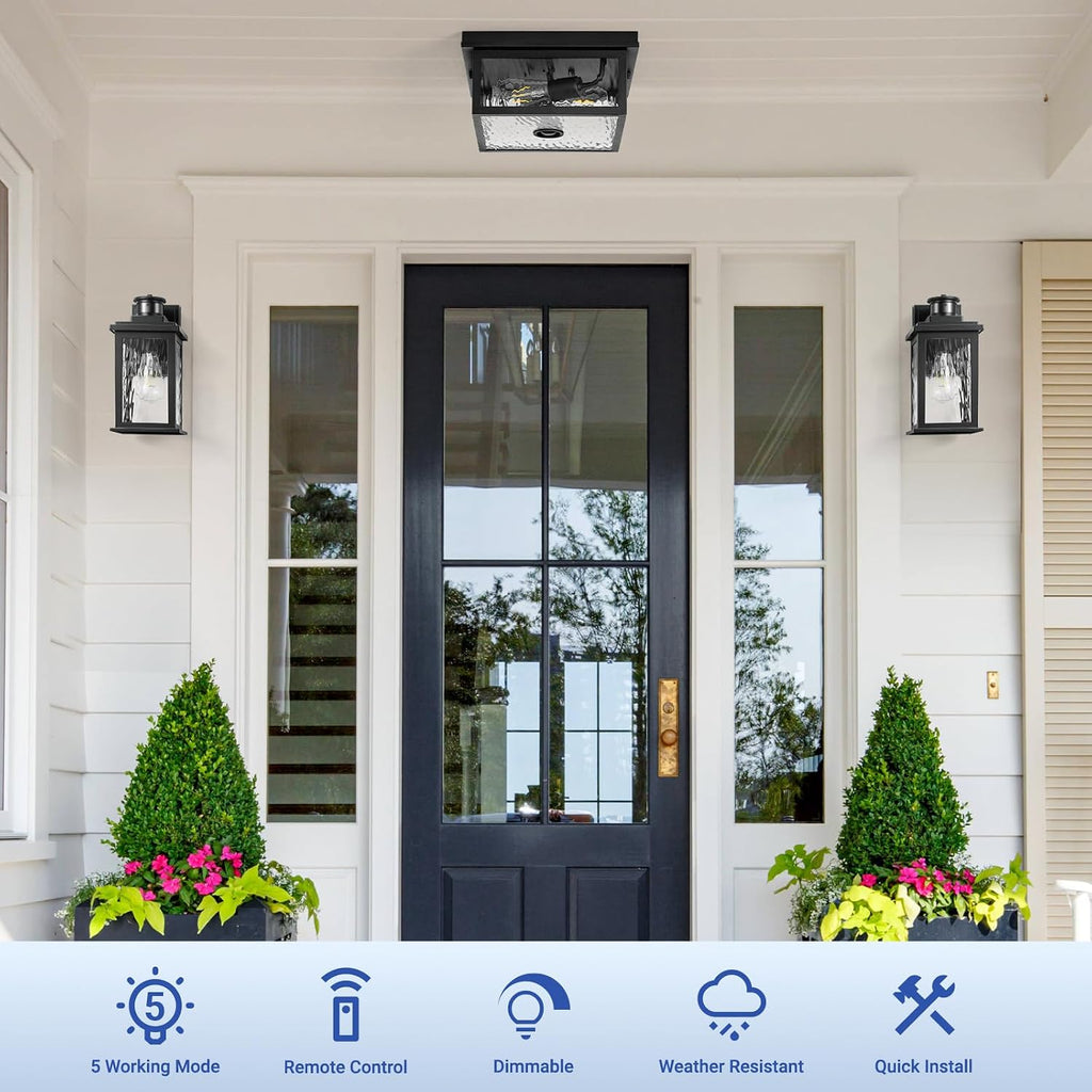 Black Motion Sensor Outdoor Ceiling Light with Remote Control, Flush Mount Ceiling Lighting for Porch, Garage