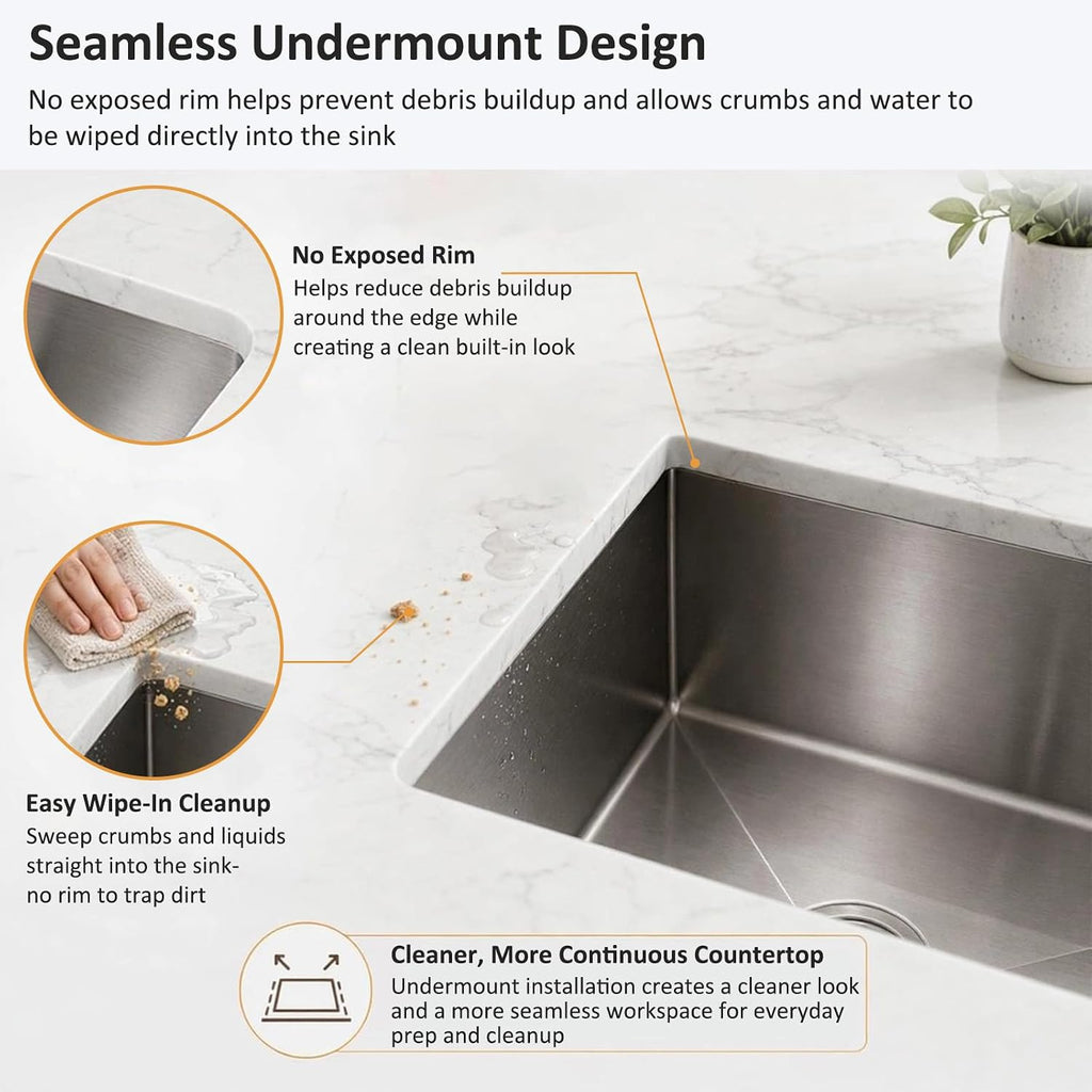 32 Inch Undermount Kitchen Sink, 32x18 Kitchen Sink Undermount, Single Bowl Undermount Sink, 18 Gauge 304 Stainless