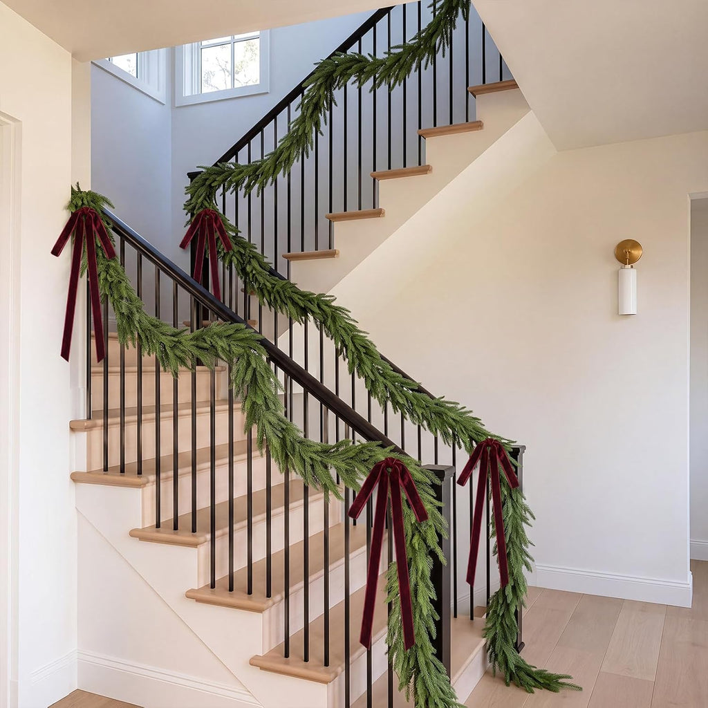 15ft Christmas Garland for Stair with 4 Velvet Bows, Norfolk Pine