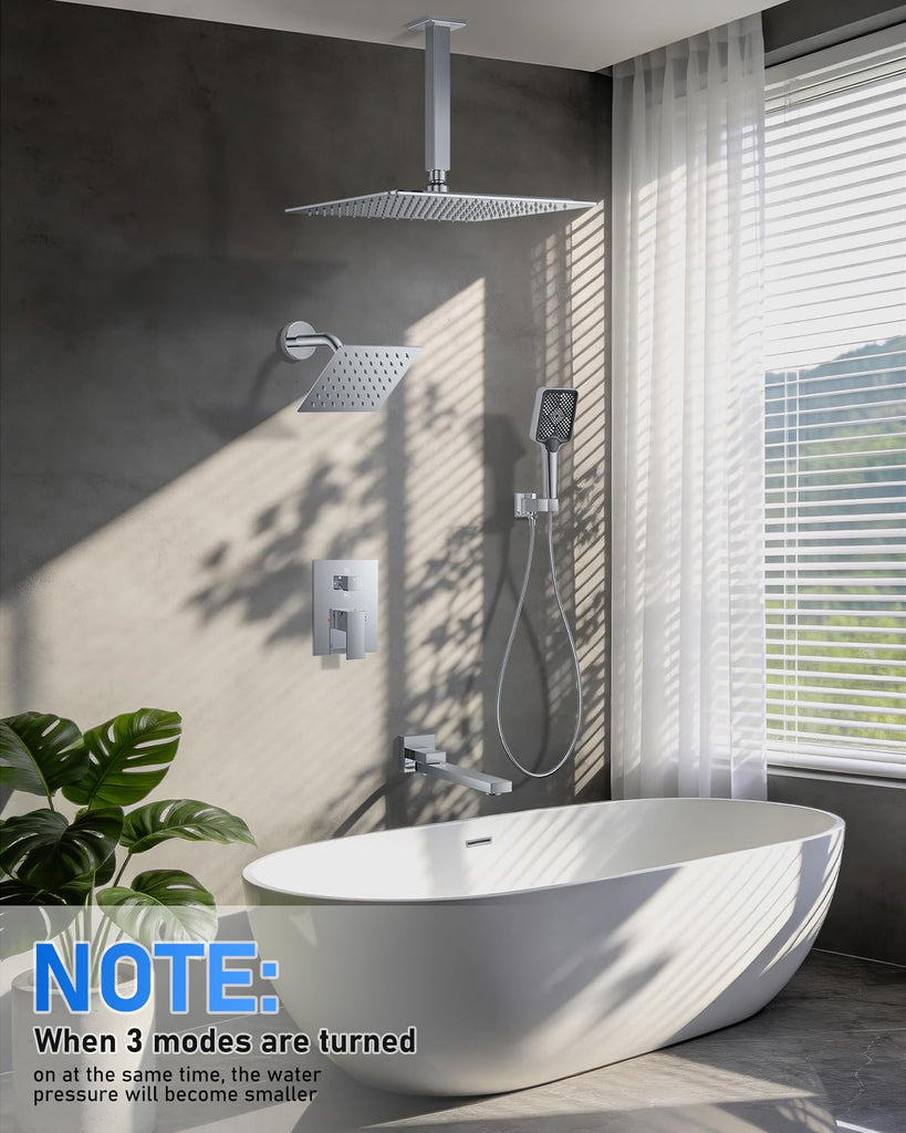 4 Function Shower Faucet Set 12" Rain Shower Head/6'' Side Shower Head and 3 Setting Handheld Ceiling Mount Push