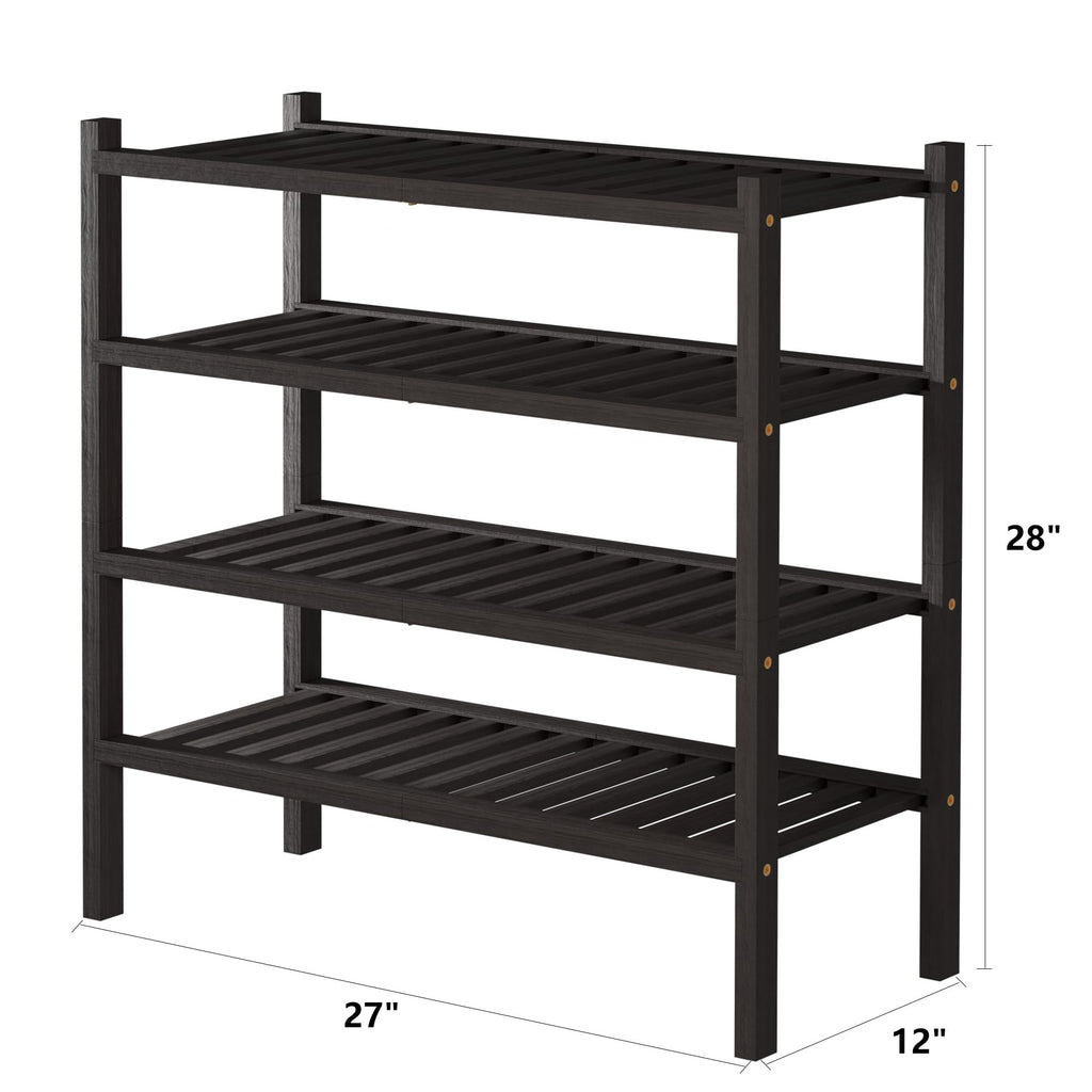 4 Tier (Thick) Bamboo Shoe Rack for Closet Free Standing Wood Shoe Shelf Small Space Stackable 27"x12"x28" (Black