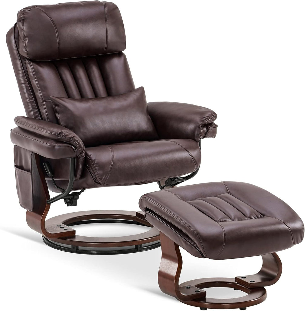 Modern Reclining Swivel Lounge Chair and Ottoman — Brown Faux Leather