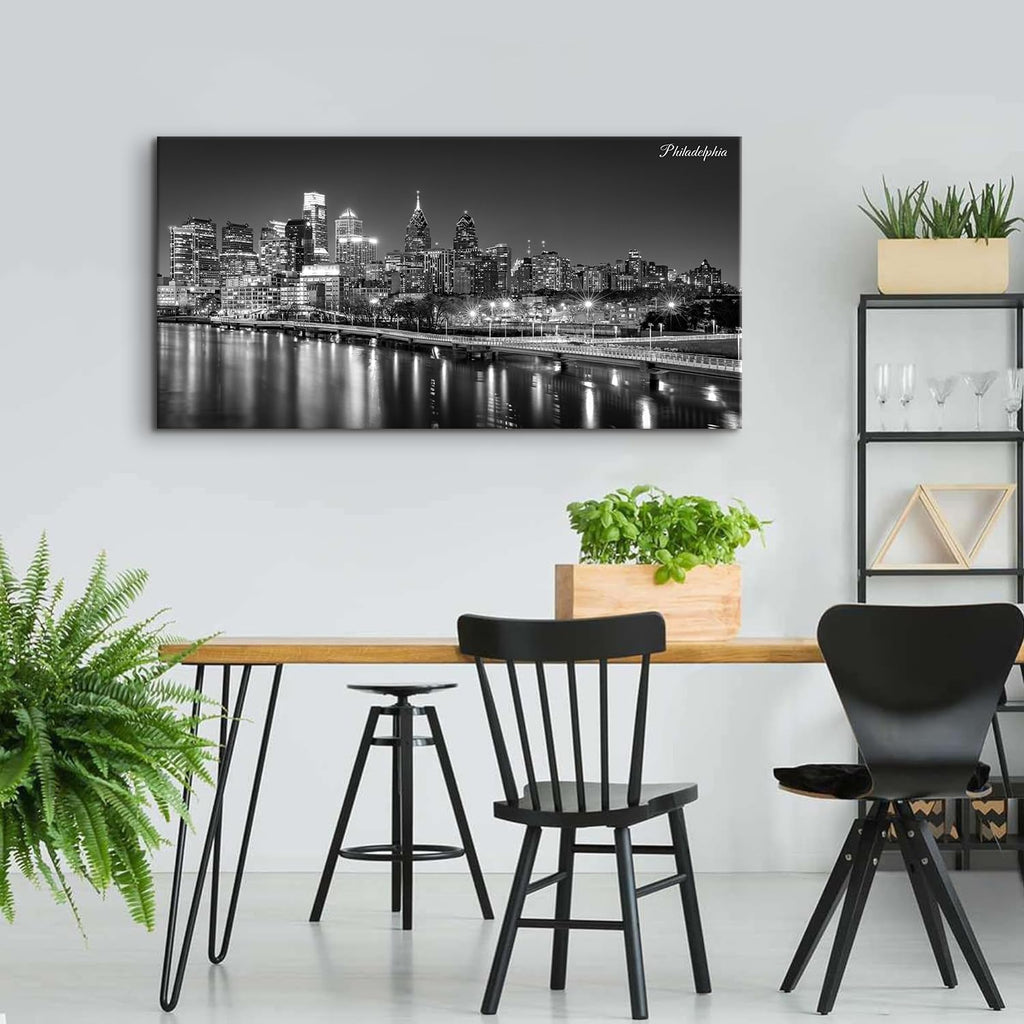 Philadelphia Skyline Canvas Wall Art Black and White Pennsylvania Cityscape Pictures Philly City Night View Prints