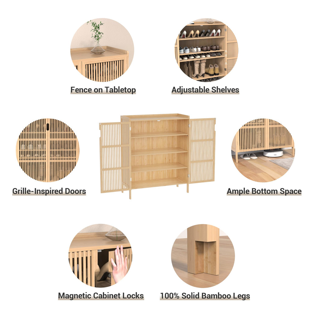 Shoe Storage Cabinet, 5-Tier Bamboo Shoe Organizer with Doors
