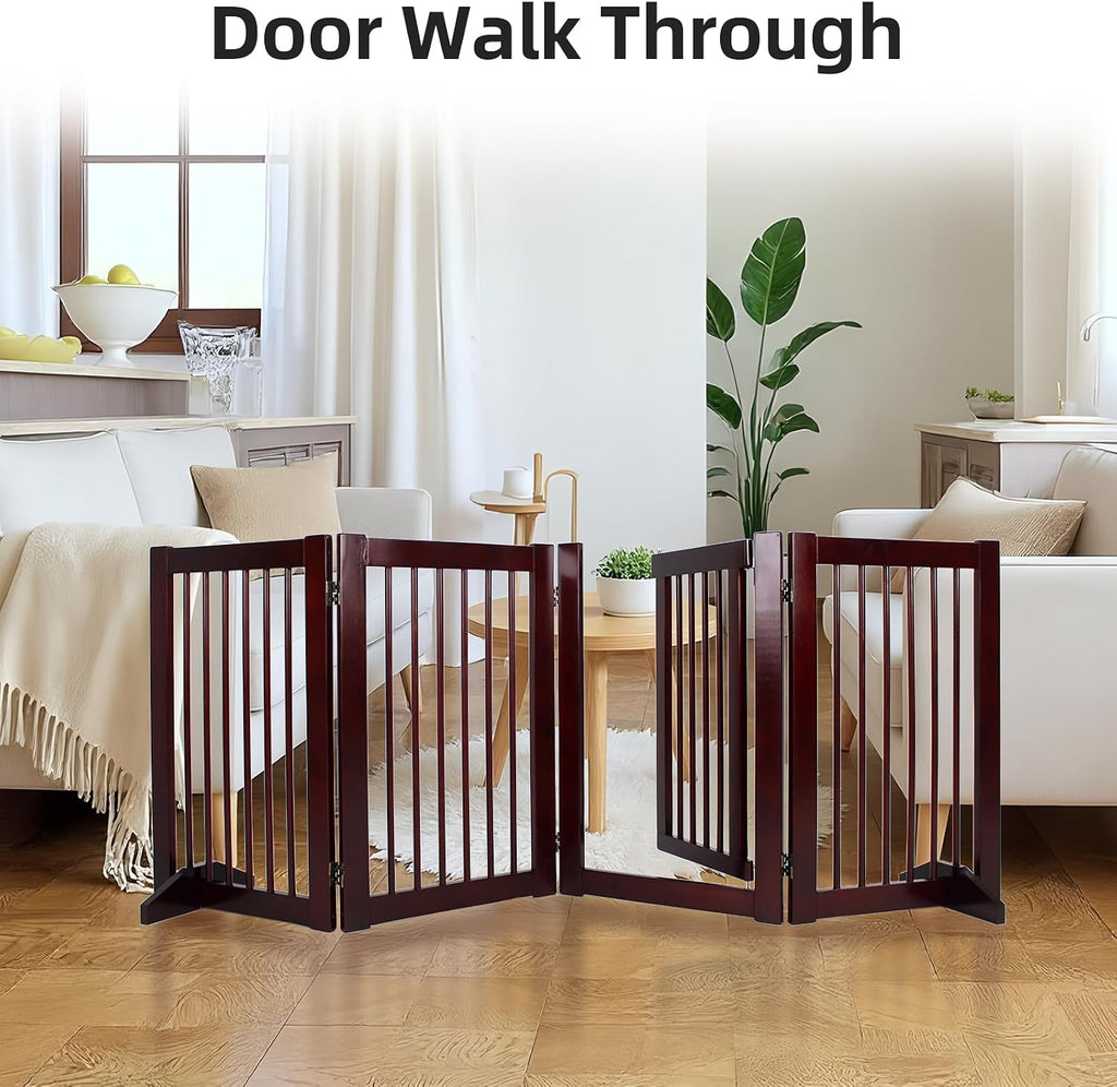 Wooden Free Standing Dog Gate with Door Walk Through, 30 inch 4 Panels Pet Gate for Dogs with 2 Support, Folding Dog