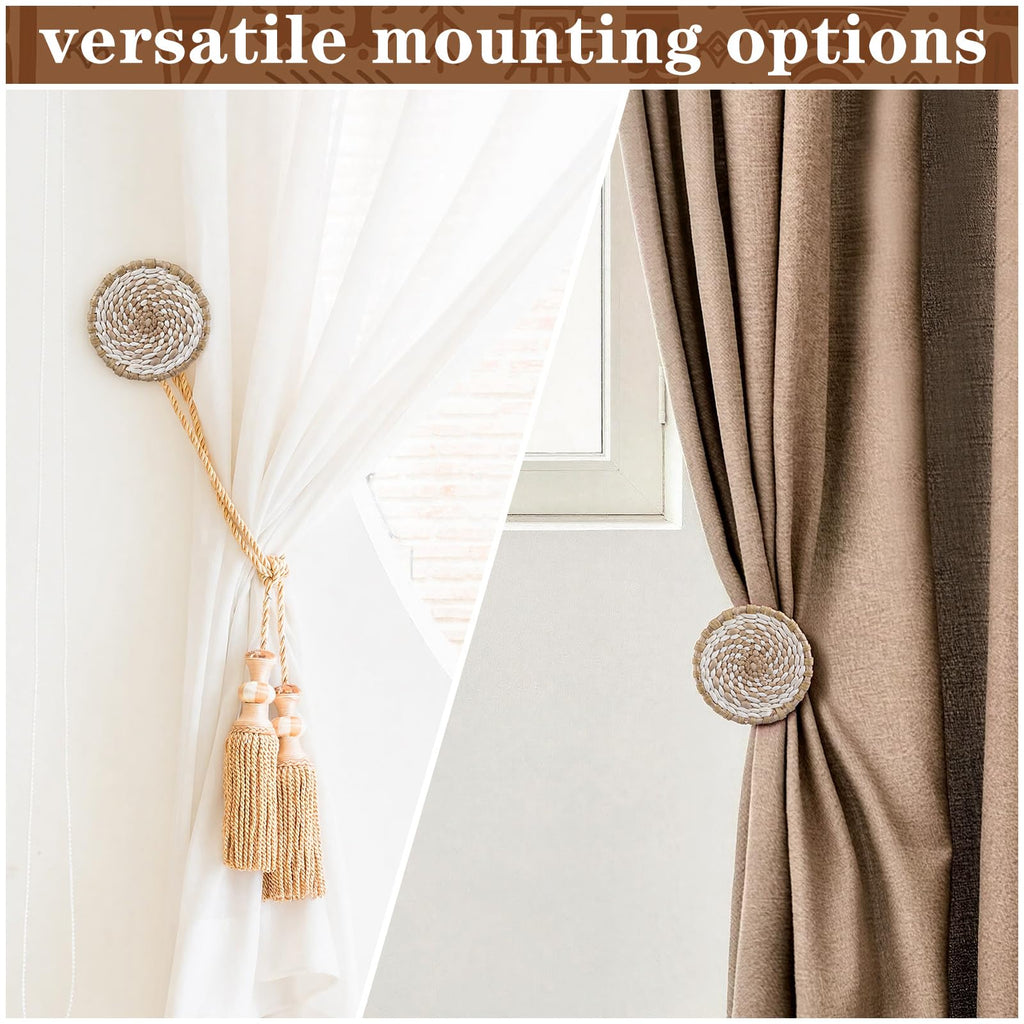Boho Curtain Holdbacks Rattan Tiebacks, Round White - 2 Pack