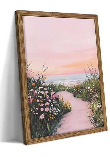 Pink Coastal Seascape Framed Canvas Wall Art - Spring Wildflower Beach Landscape Painting Print, Rustic Ocean Nature