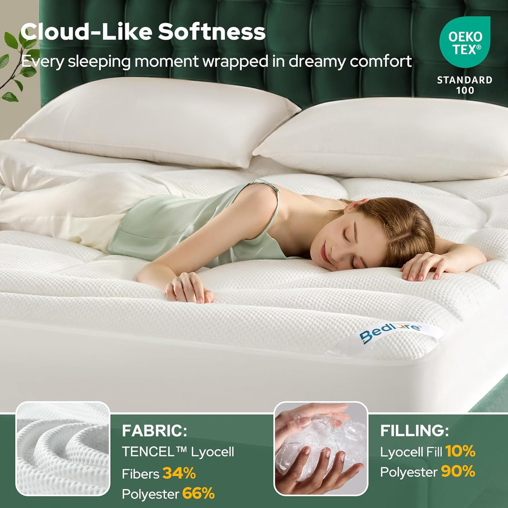 King Mattress Topper, Soft TencelTM Blend Pillow Top Mattress Pad | Extra Thick 800 GSM and Breathable Naturally