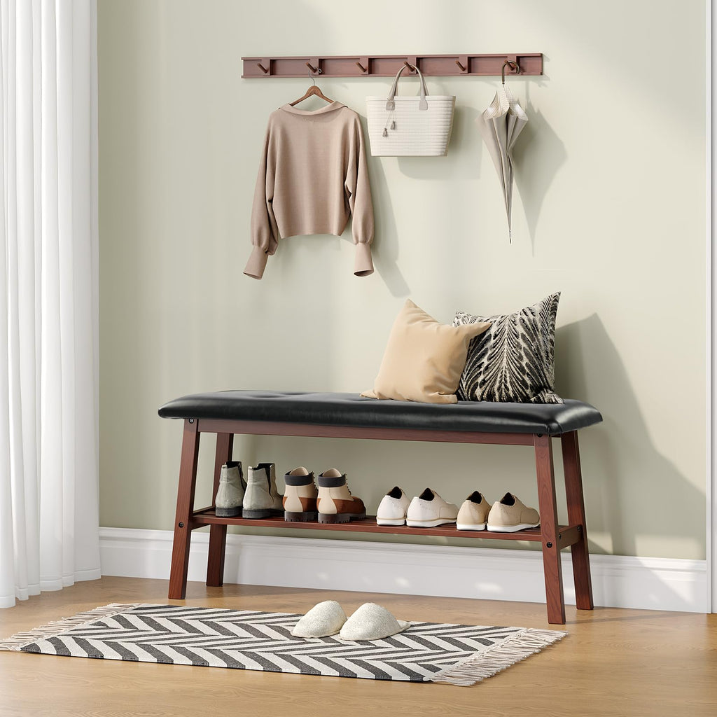 Padded Solid Wood Dining Table Bench with Shoe Rack Storage Walnut