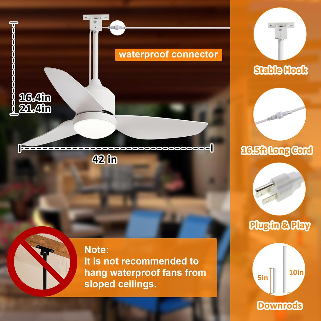 42 Inch White Waterproof Gazebo Fans with Lights Outdoor Hanging - Plug in Remote App Control for Patio Indoor Farmhouse Porch - 6 Speed Reversible DC Motor A101-B0F4NKYBWR