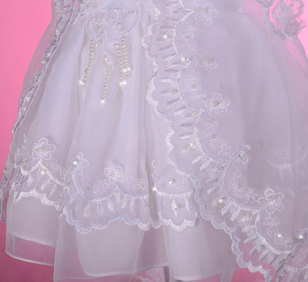 Baby Girls' Beaded Scalloped Embroideries Baptism Christening Gown White Dress with Lace Cape and Bonnet