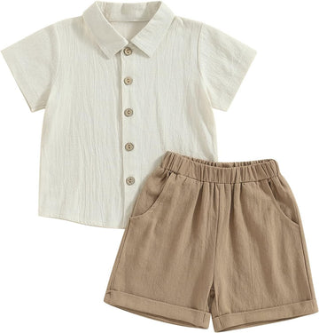 Baby Boy Girl Summer Clothes Toddler Cotton Linen Short Sleeve Button Up Dress Shirt Pocket Shorts Set 2PCS Outfit