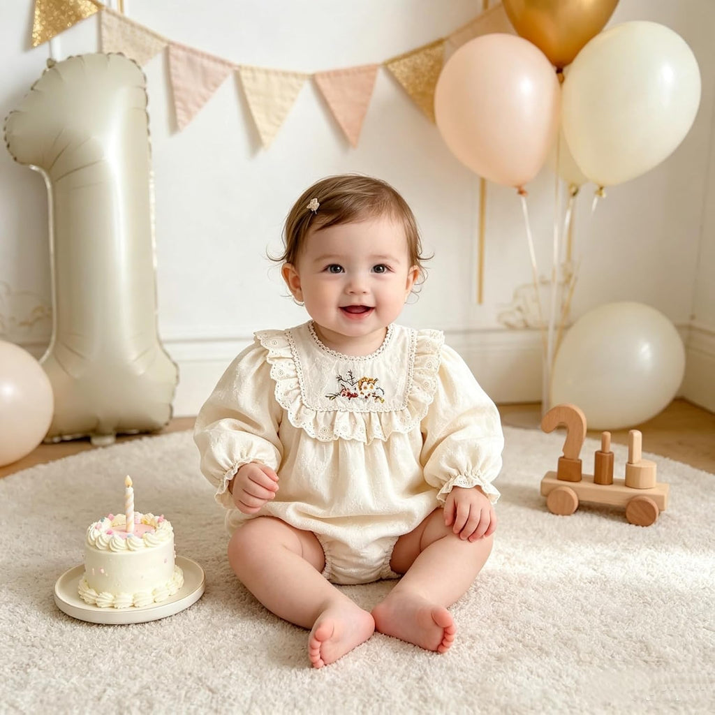 Baby Girl Long Sleeve Romper Floral Embroidery Lace Ruffle Collar Bubble Bodysuit for Spring Fall Outfit
