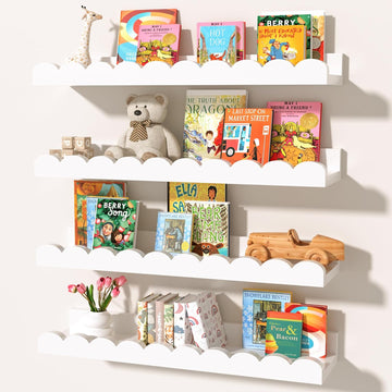 White Scalloped Nursery Shelves for Wall, Pack Floating Book Shelves for Kids Room, Wall Mounted Kids Bookshelves
