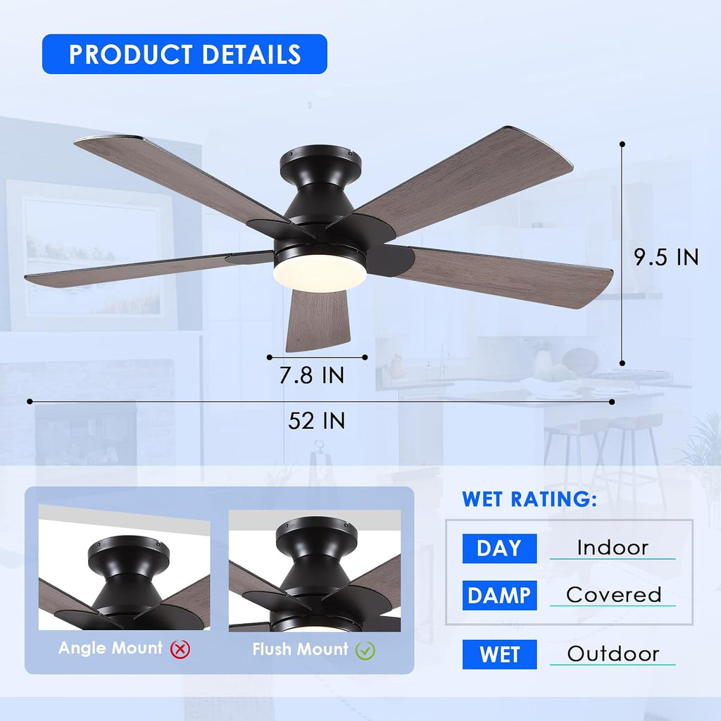 Flush Mount Ceiling Fan with Lights - 52Ó Indoor/Outdoor Ceiling Fan Light with Remote/APP, Low Profile Modern Fan Light with 6 Speeds, Dimming, for Living Room, Brown A101-B0F2F9BZ8W