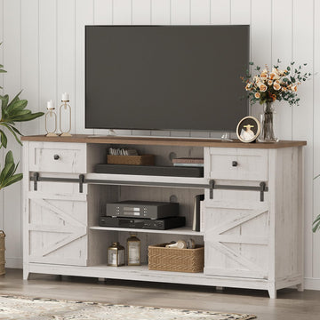 Farmhouse TV Stand for up to 75" TV, Entertainment Center with Adjustable Shelves, Sliding Barn Door and Open Storage