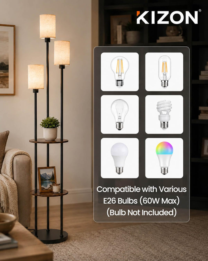 71" Floor Lamp with Shelves, 3-Tier Standing Light, Black and Beige