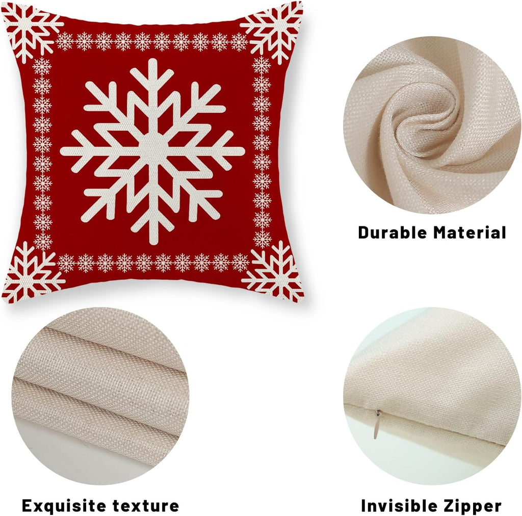 Christmas Pillow Covers - 20x20 Winter Snowflake Pillowcases - Red Throw Pillows - Farmhouse Holiday Linen - Set of 2