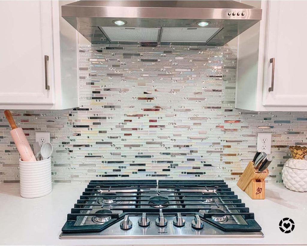 White Silver Glass Metal Tile Kitchen Backsplash 5 Sq Ft