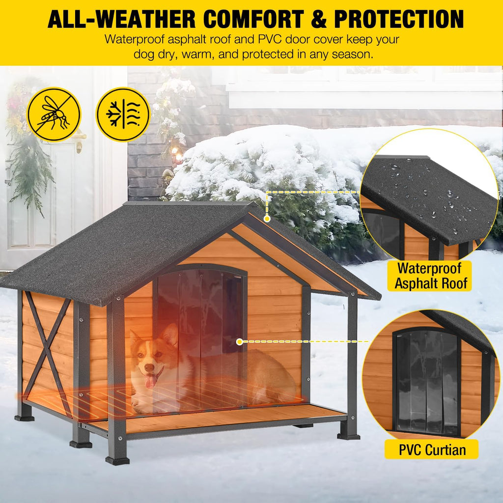 Heated Outdoor Dog House - Weatherproof Insulated Wooden Shelter with Iron Frame, Large Porch for Medium & Large