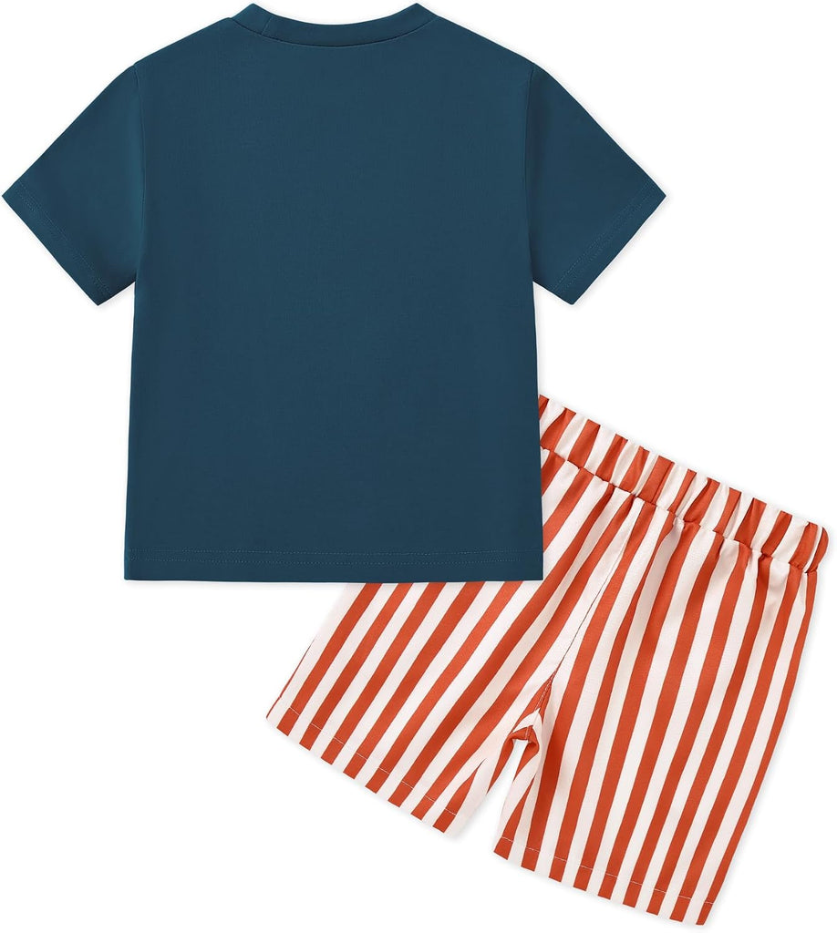 Toddler Baby Boy Summer Outfits Crew Neck T-shirt+Striped Shorts Set with Pockets Casual 2 Piece Clothes