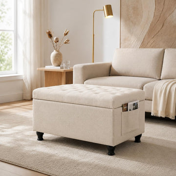 32'' Beige Fabric Upholstered Ottoman Storage Bench | Upholstered Ottoman with Storage , Entrance Foot Rest Stool