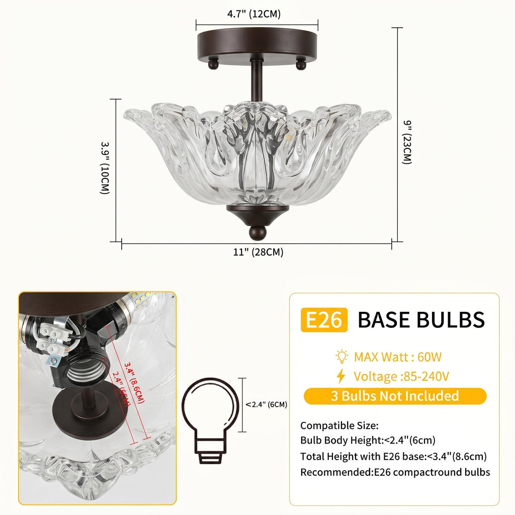 Semi Flush Mount Ceiling Light, Oil Rubbed Bronze Vintage Light fixtures with Floral Clear Glass Shade, Modern