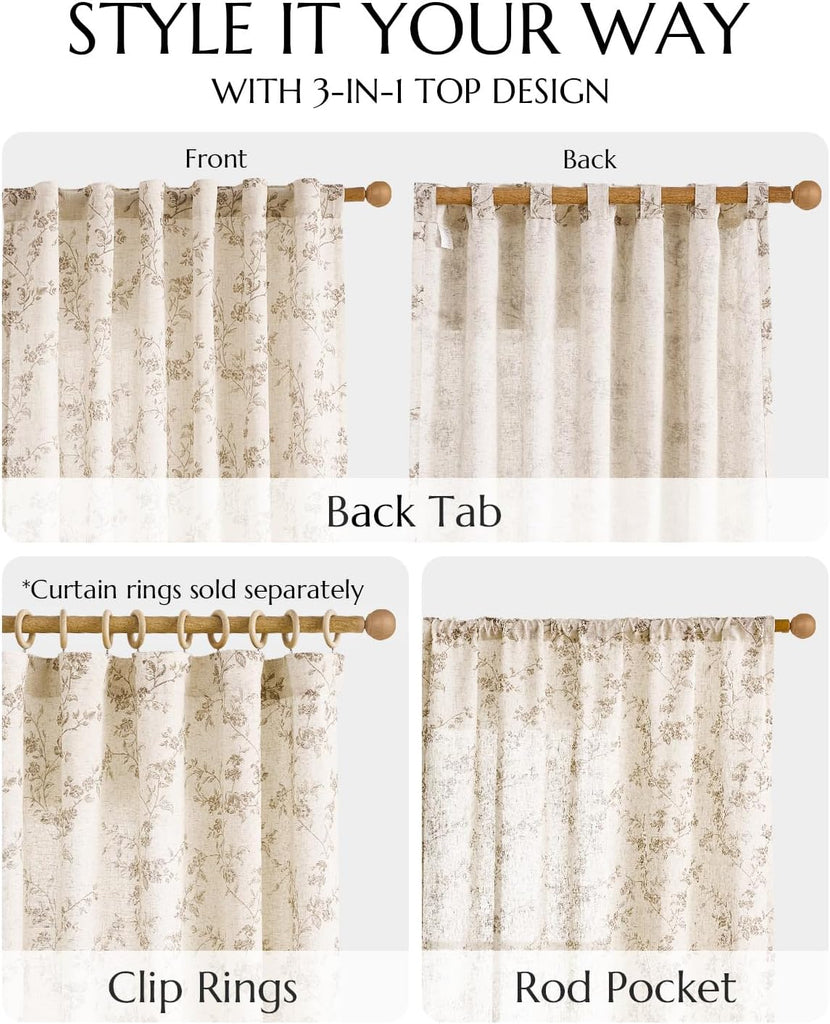 Linen Floral Curtains for Living Room 96 Inch Length Taupe Printed Curtains Back Tab French Country Farmhouse Flower