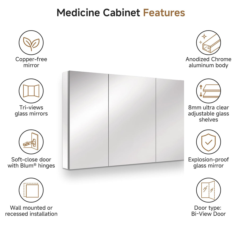 48" x 30" Bathroom Medicine Cabinet with Mirror, Recessed or Wall Mount