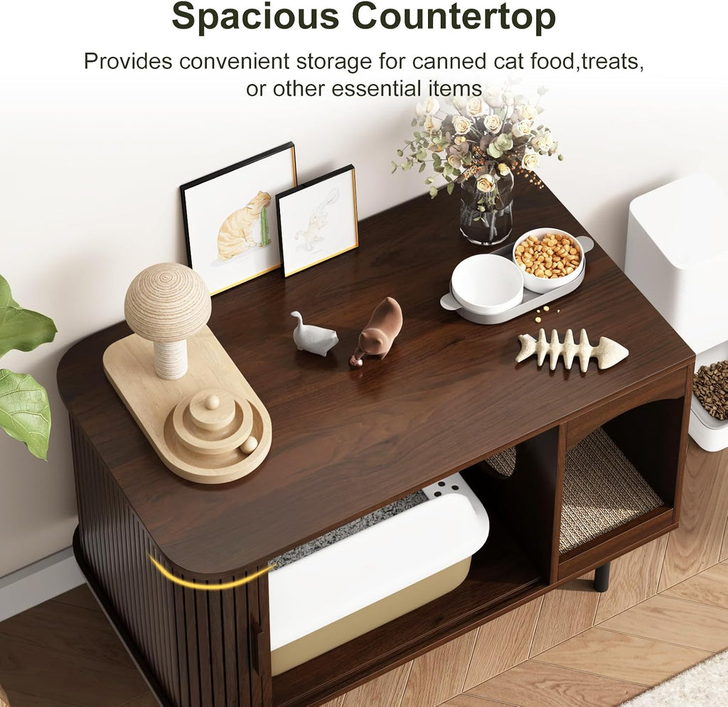 Cat Litter Box Enclosure Furniture, Fluted Hidden Litter Box, Walnut