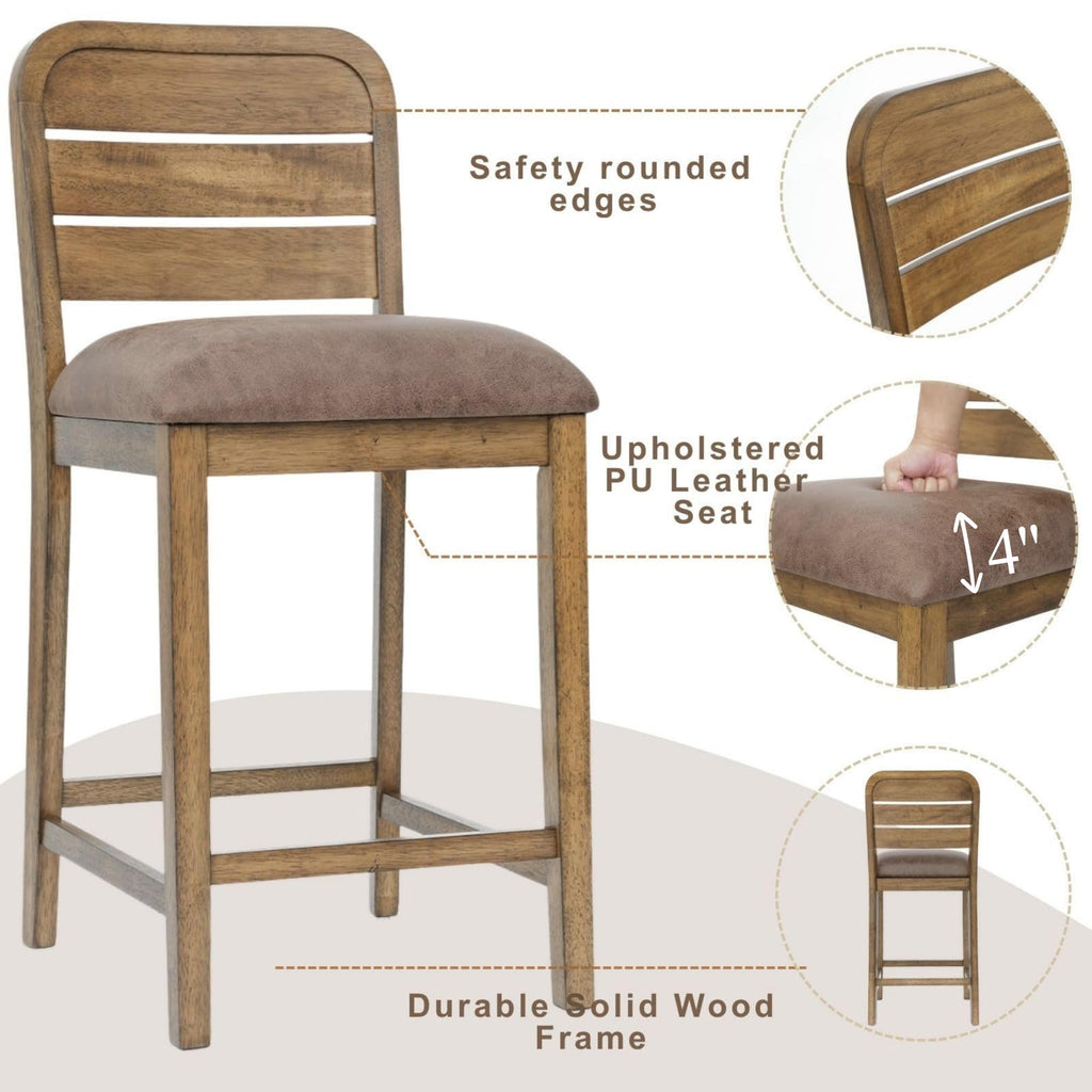 Farmhouse Bar Stools Set of 2, 26" Upholstered Counter Height Stool with Ladder Back, Rustic Wooden Bar Chairs