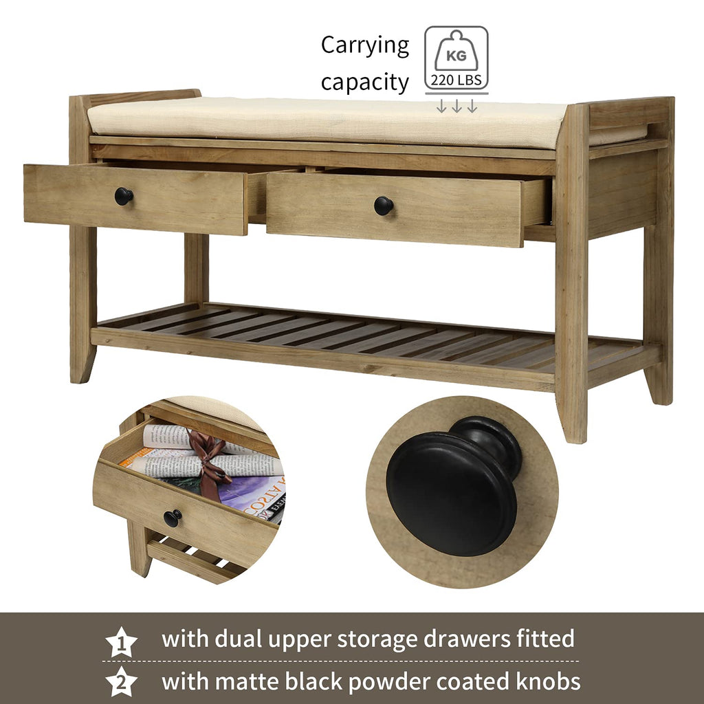 Storage Bench, Shoe Rack with Upholstered Seat and 2 Drawers, Solid Wood Entryway Storage Bench with Shoe Rack