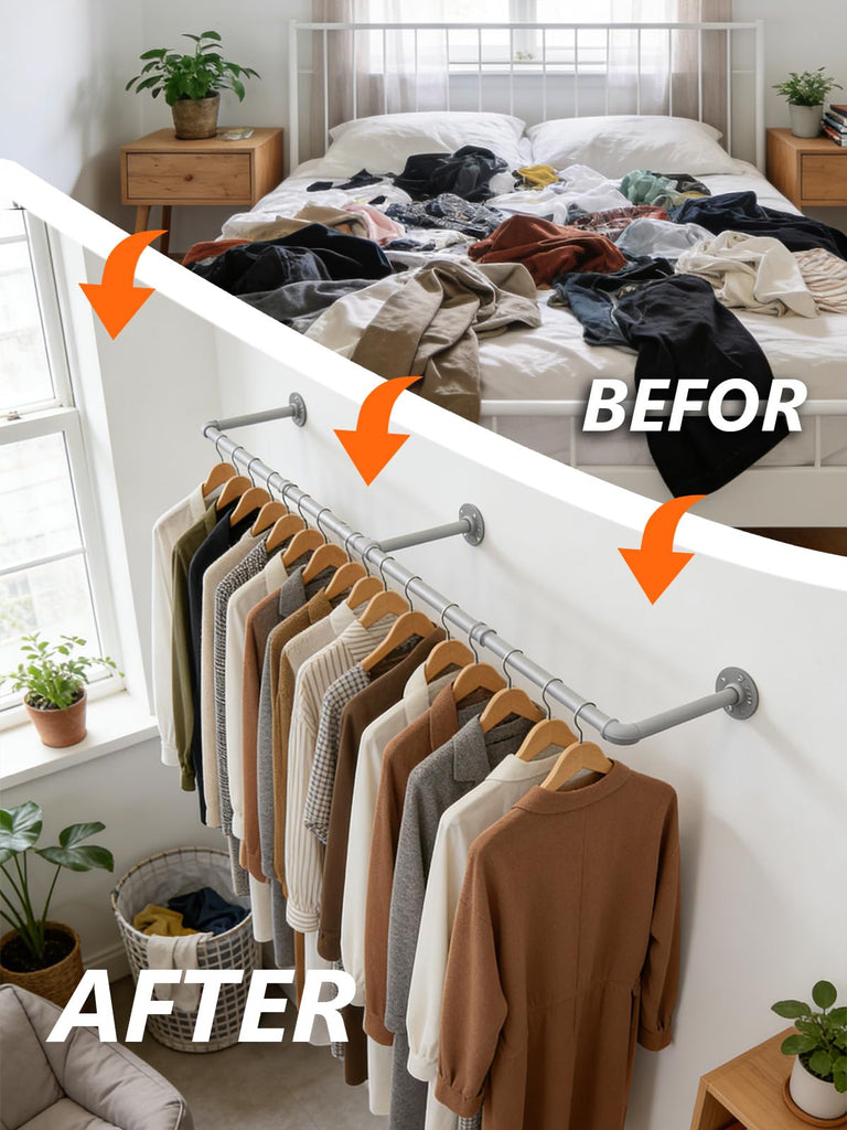 65.7in Industrial Pipe Wall Mounted Clothes Rack, Heavy Duty Detachable Iron Garment Bar, Rustic Space-Saving Hanging