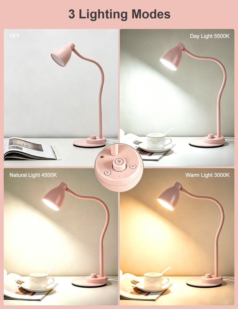 Cute Desk Lamp with USB Charging Port, 3 Color Modes Dimmable, Pink
