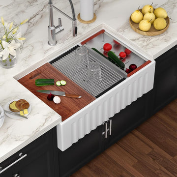 33" White Fireclay Farmhouse Sink Workstation | Reversible Apron Front, Single Bowl, Engineered with Sloped Bottom