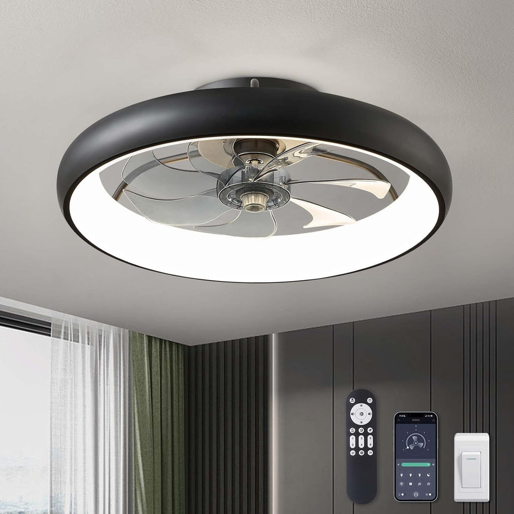 Ceiling Fans with Lights 20'' Flush Mount Fan Remote & APP Control Black Low Profile 6 Wind Speeds Smart Dimmable LED for Bedroom Living Room A101-B0BWXK9RJR