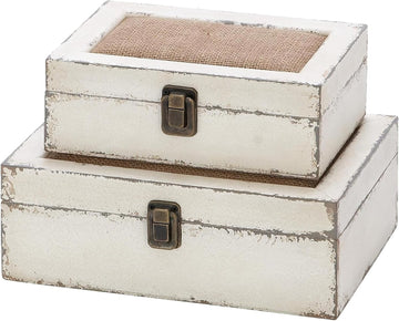 Rustic Ivory Decorative Storage Boxes with Lids, Farmhouse Wooden Boxes Decor, Keepsake Boxes Memory Gift - Set of 2