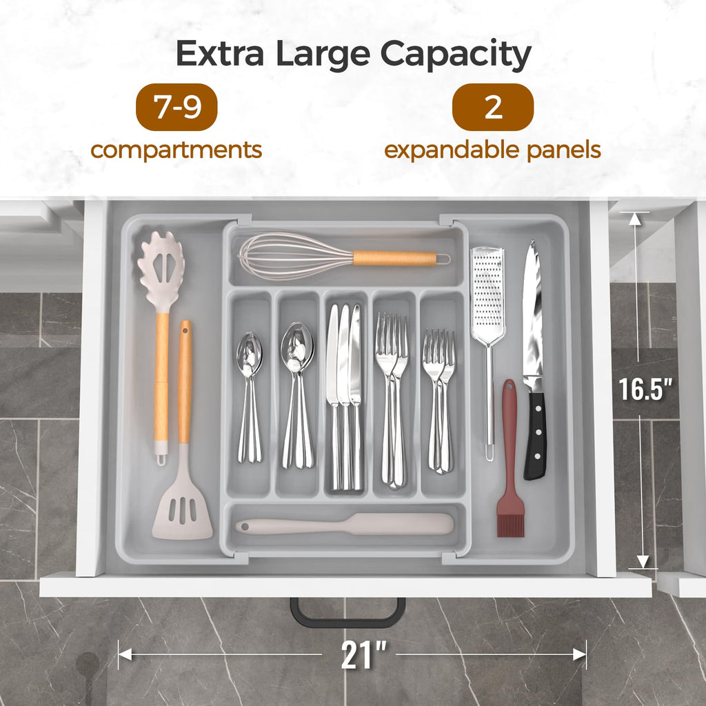 Extra Large Expandable Silverware Organizer, Flatware Tray,Gray