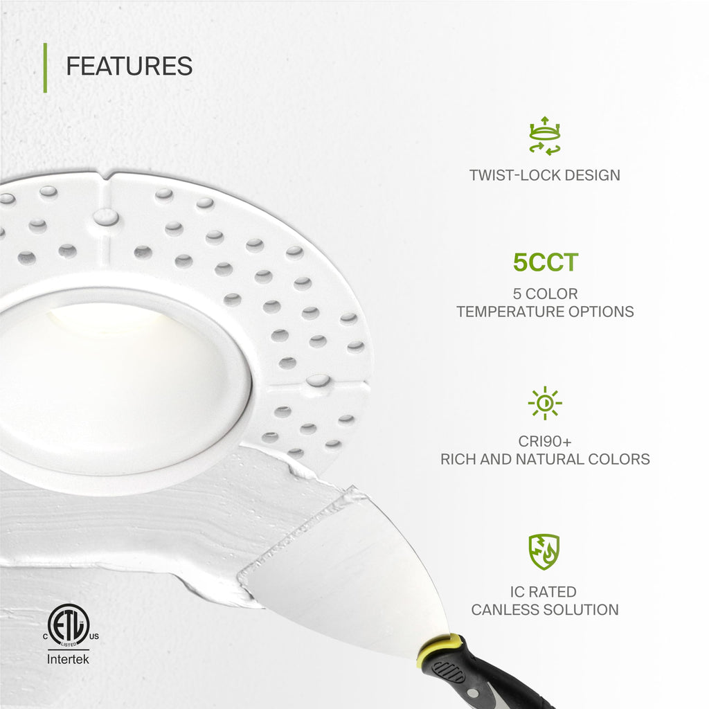 1 Inch Trimless LED Recessed Ceiling Light Fixture, Mud-in Canless Downlight with Junction Box, 5CCT Selectable