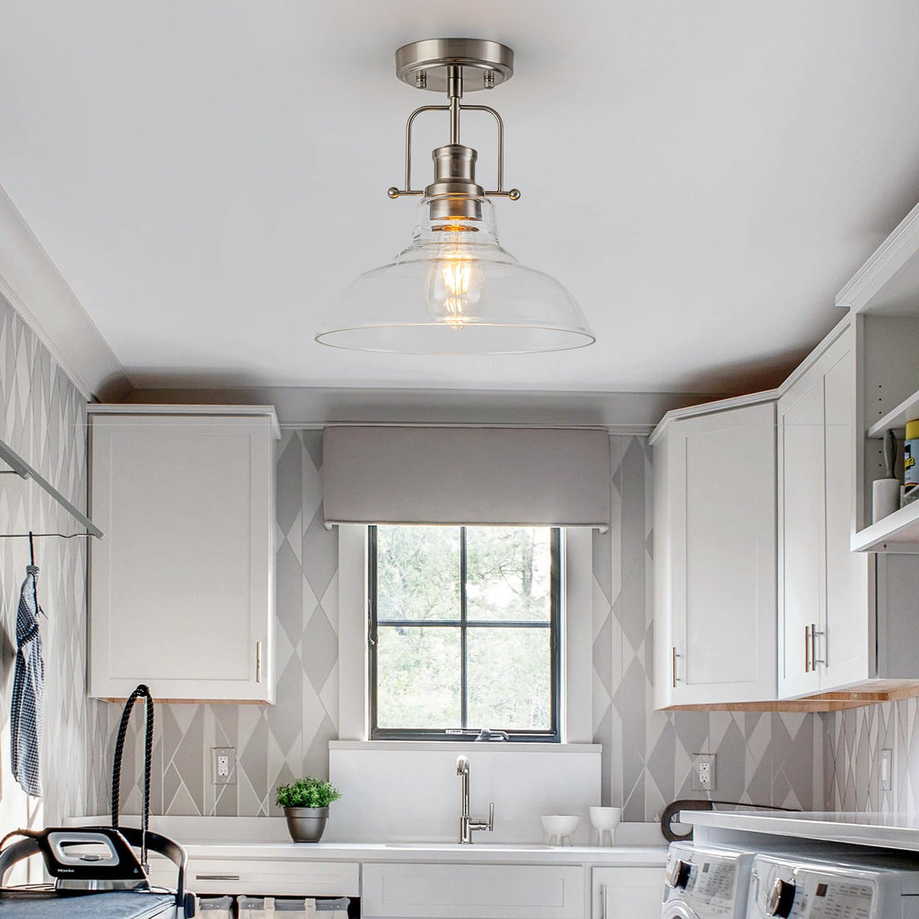 Semi Flush Mount Ceiling Light Fixture, Brushed Nickel Farmhouse Light Fixtures with Clear Glass Shade, Modern