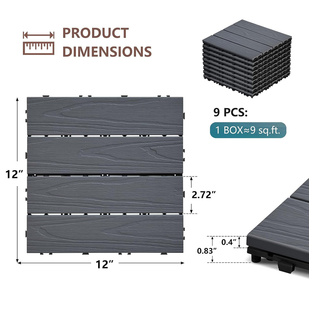 9 Pack Deck Tiles, 12''X 12'' Interlocking Deck Tiles All Weather Patio Flooring Outdoor Waterproof for Balcony Porch