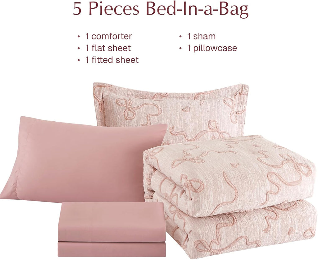 Pink Twin Comforter Set for Girls- 5 Pieces Bowknot Jacquard Bed in A Bag Twin Bedding Sets with Sheets, Pillowcases