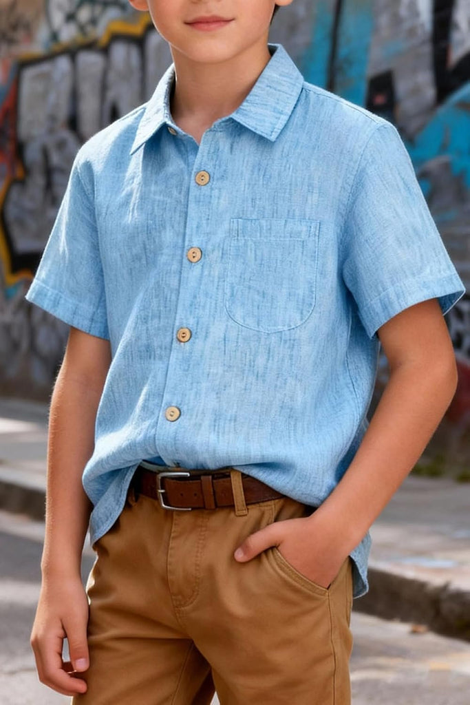 Boy Button Down Chambray Shirts Short Sleeve Linen Shirt
