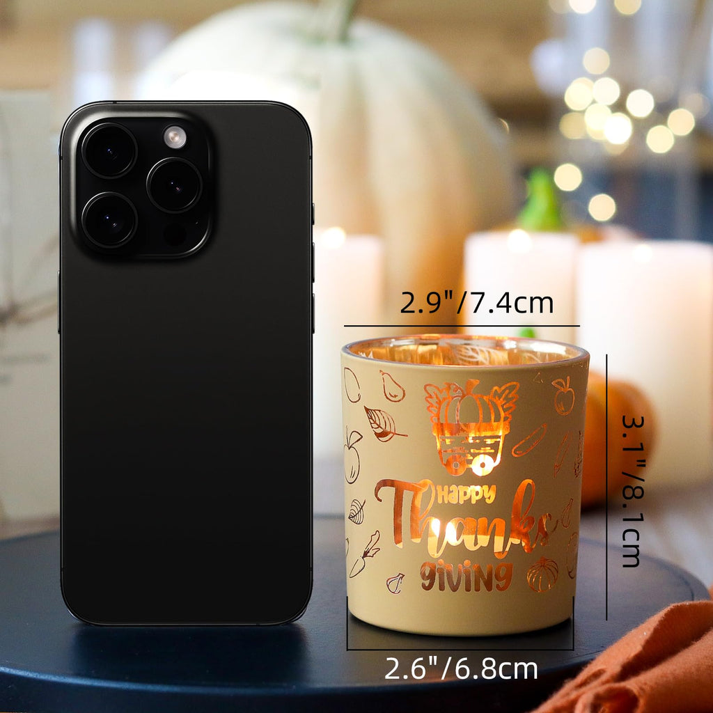 Glass Votive Candle Holders 4PCS Thanksgiving Tealight Candle Holders for Fall Table Centerpiece, Thanksgiving